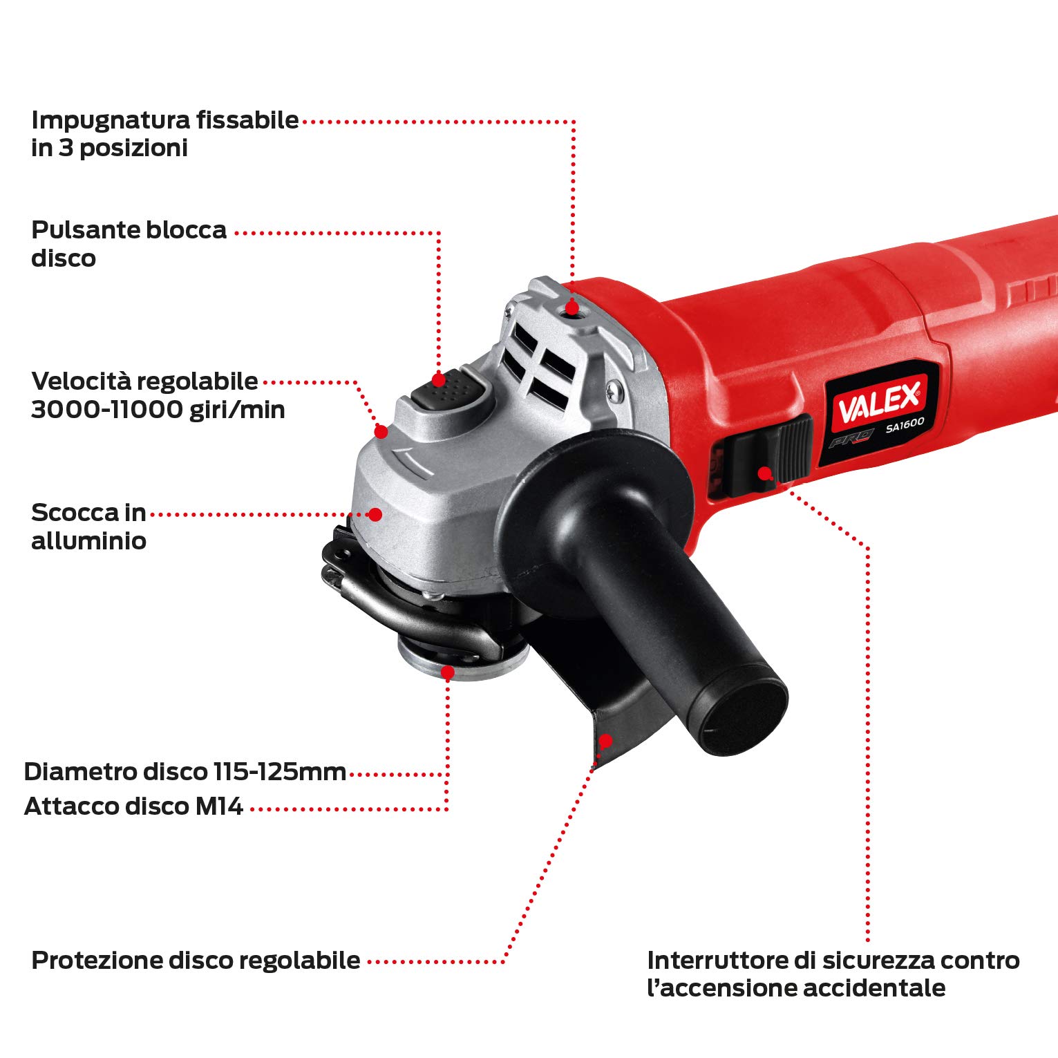 valex-sa1600-smerigliatrice-angolare-elettrica-1600w-dischi-115-125-mm-attacco-m image 2