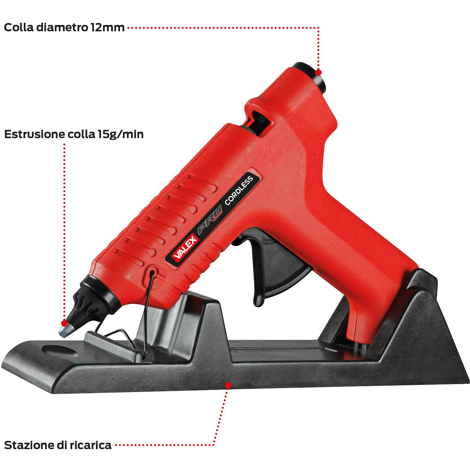 valex-pistola-termocollante-cordless-80w-con-base-di-ricarica-e-2-stick-colla image 2