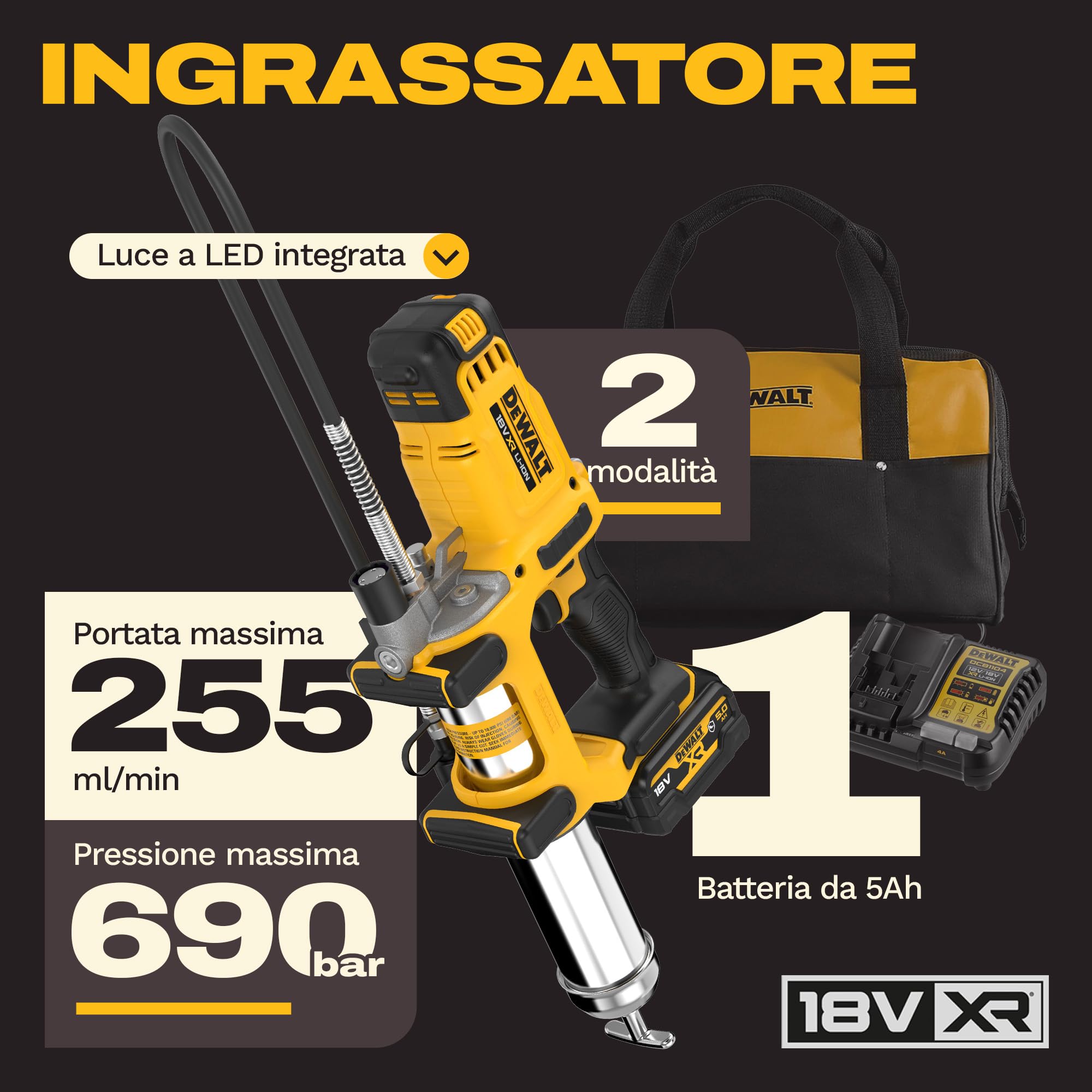 dewalt-dcgg581p1g-qw-ingrassatore-a-batteria-18v-xr-2-velocit-con-borsa-e-batter image 2