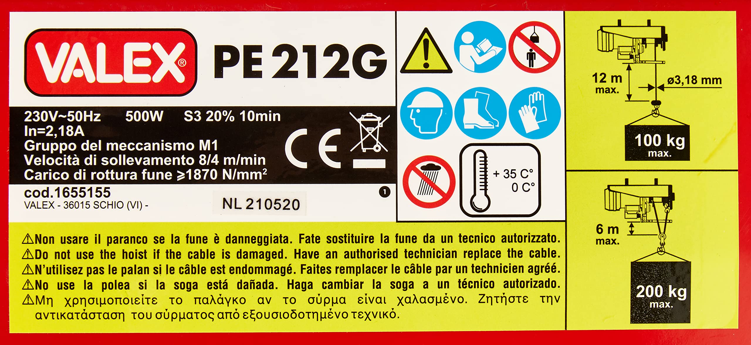 valex-pe212g-paranco-elettrico-500-w-portata-200-kg-sollevamento-12-m-fune-antig image 5