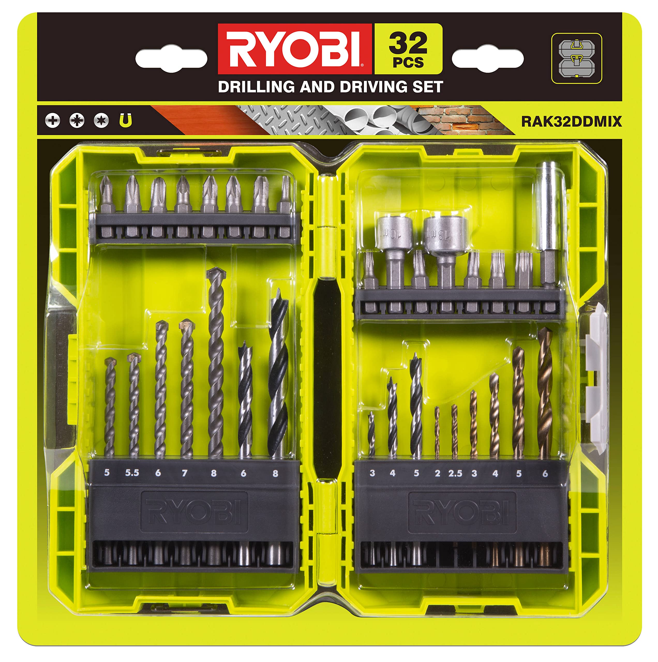 ryobi-set-di-32-punte-per-trapano-e-cacciavite-con-hss-brad-point-punte-per-mura image 1